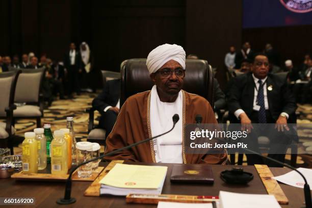 Sudanese president Omar Hasan Al Bashir attends during the Arab League summit in the Jordanian Dead Sea resort of Sweymah, Jordan, March 29, 2017....