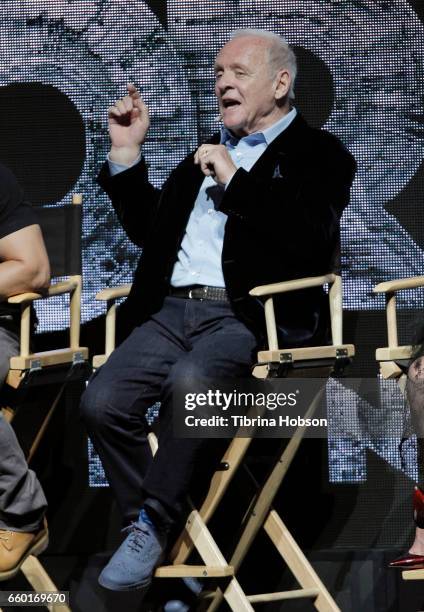 Sir Anthony Hopkins speaks at Paramount Pictures' presentation highlighting its 2017 summer and beyond during CinemaCon at The Colosseum at Caesars...