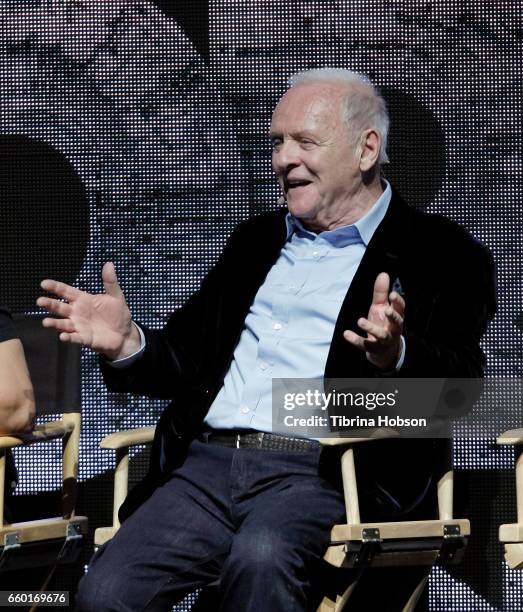 Sir Anthony Hopkins speaks at Paramount Pictures' presentation highlighting its 2017 summer and beyond during CinemaCon at The Colosseum at Caesars...