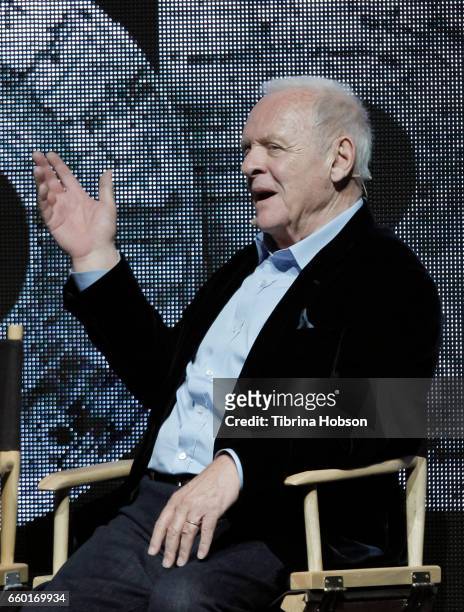 Sir Anthony Hopkins speaks at Paramount Pictures' presentation highlighting its 2017 summer and beyond during CinemaCon at The Colosseum at Caesars...