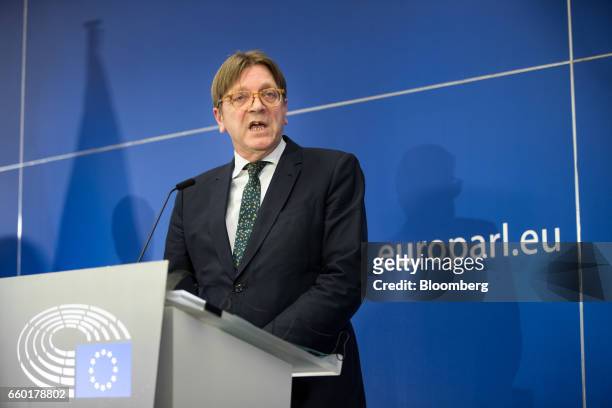 Guy Verhofstadt, Brexit negotiator for the European Parliament, speaks during a news conference at the European Parliament in Brussels, Belgium, on...