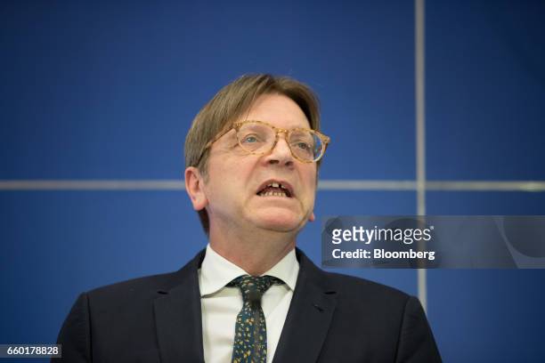 Guy Verhofstadt, Brexit negotiator for the European Parliament, speaks during a news conference at the European Parliament in Brussels, Belgium, on...