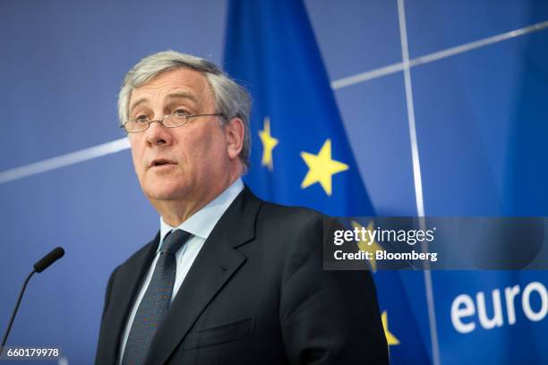 Antonio Tajani, president of the European Parliament, speaks during a news conference at the European Parliament in Brussels, Belgium, on Wednesday,...