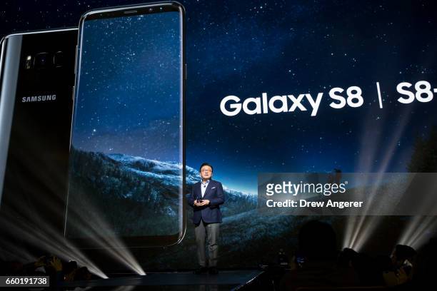 Koh, president of mobile communications business at Samsung, introduces the new Samsung Galaxy S8 during a launch event, March 29, 2017 in New York...