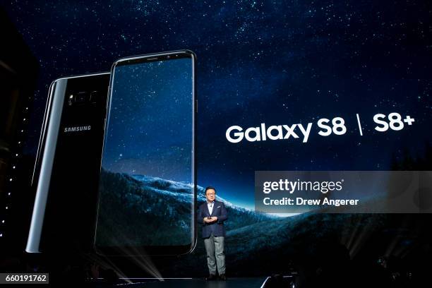 Koh, president of mobile communications business at Samsung, introduces the new Samsung Galaxy S8 during a launch event, March 29, 2017 in New York...