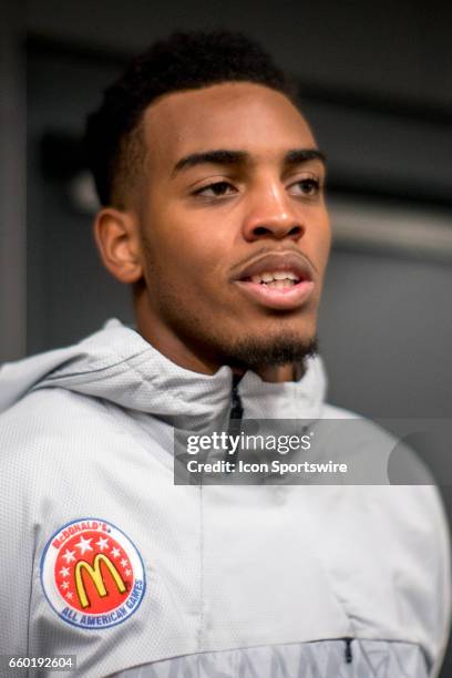 McDonald's High School All-American guard Troy Brown Jr. Gives interviews to the media during the McDonald's All-American Games Media Day on March 28...