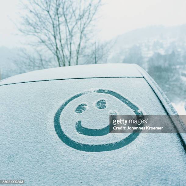 face drawn on automobile - face snow stockfoto's en -beelden