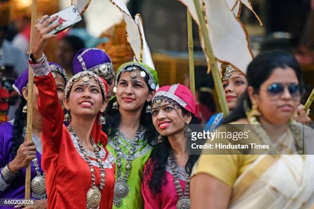 Telugu People in their traditional attire participate in Gudi Padwa procession as they also celebrate Ugadi at Mulund, on March 28 2017 in Mumbai,...