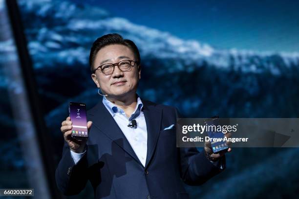 Koh, president of mobile communications business at Samsung, introduces the new Samsung Galaxy S8 during a launch event, March 29, 2017 in New York...