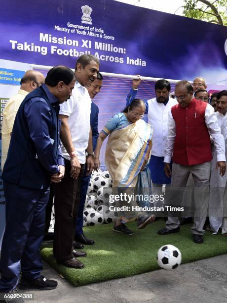 Speaker of Lok Sabha Sumitra Mahajan with Minister of Youth Affairs and Sports Vijay Goel, International footballer and member of Parliament from...