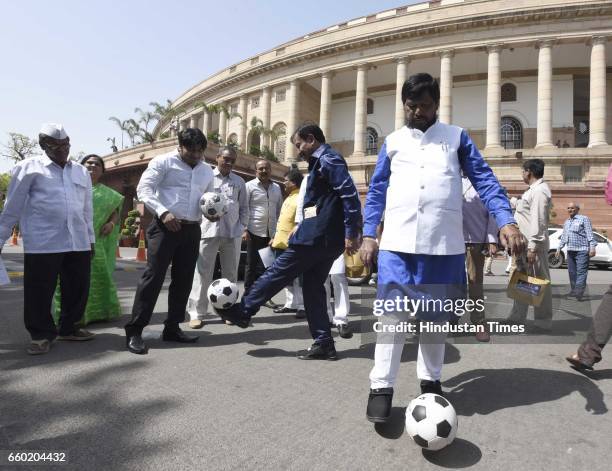 Minister of State for Social Justice and Empowerment Ramdas Athawale with International footballer and Member of Parliament from Howrah Prasun...