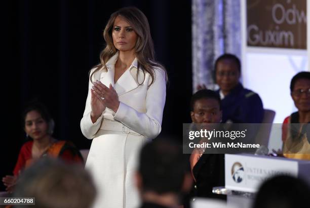 First lady Melania Trump attends the 2017 Secretary of State's International Women of Courage Award March 29, 2017 in Washington, DC. The award...