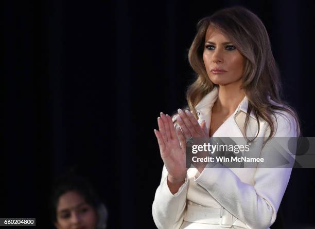 First lady Melania Trump attends the 2017 Secretary of State's International Women of Courage Award March 29, 2017 in Washington, DC. The award...