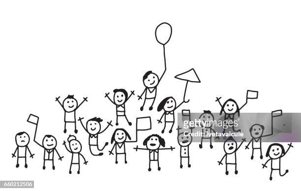 crowd of people with flags and balloons cheering - waving gesture stock illustrations