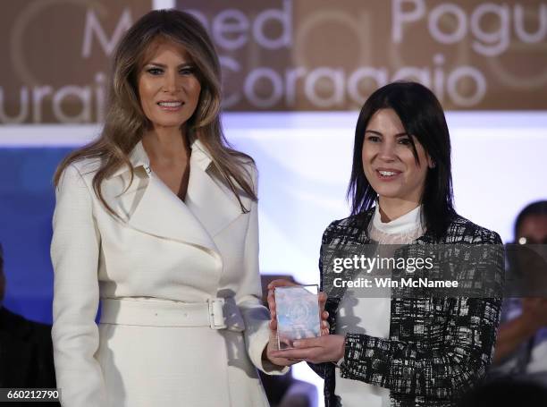 First lady Melania Trump presents the 2017 Secretary of State's International Women of Courage Award to Saadet Ozkan of Turkey March 29, 2017 in...