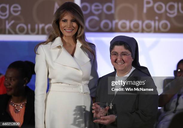 First lady Melania Trump presents the 2017 Secretary of State's International Women of Courage Award to Sister Carolin Tahhan Fachakh of Syria March...