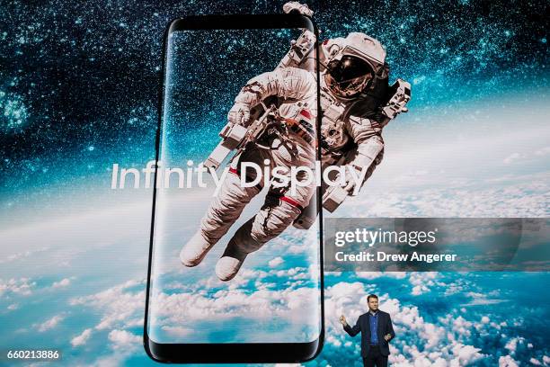 Justin Denison, senior vice president of product strategy at Samsung, speaks about the new features on the Samsung Galaxy S8 during a launch event...