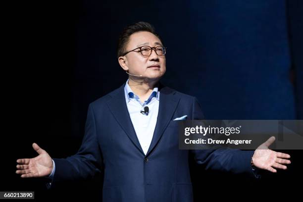 Koh, president of mobile communications business at Samsung, speaks as he prepares to introduce the new Samsung Galaxy S8 during a launch event,...