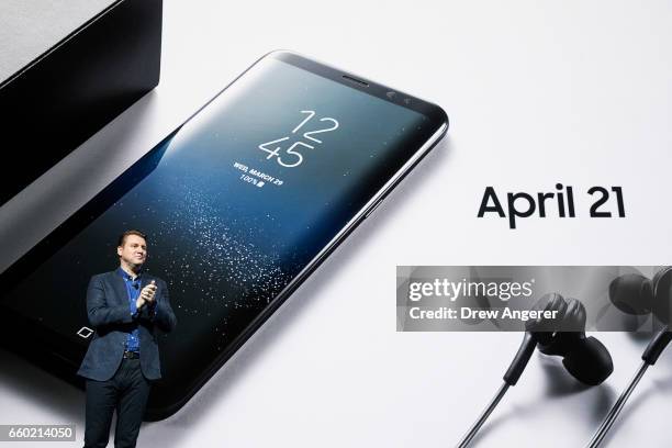 Justin Denison, senior vice president of product strategy at Samsung, speaks about the new features on the Samsung Galaxy S8 during a launch event...