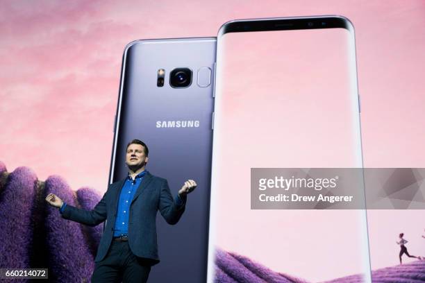 Justin Denison, senior vice president of product strategy at Samsung, speaks about the new features on the Samsung Galaxy S8 during a launch event...