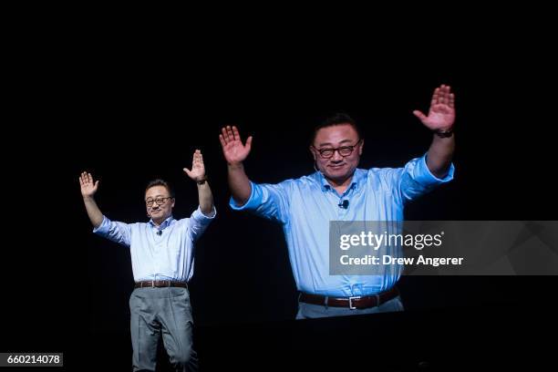 Koh, president of mobile communications business at Samsung, acknowledges the crowd at the conclusion of a launch event for the new Samsung Galaxy...