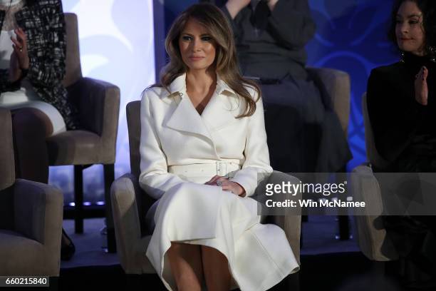 First lady Melania Trump attends the 2017 Secretary of State's International Women of Courage Award March 29, 2017 in Washington, DC. The award...