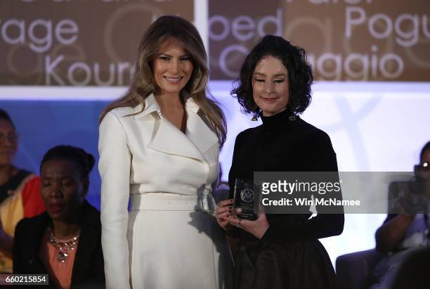 First lady Melania Trump presents the 2017 Secretary of State's International Women of Courage Award to Natalia Ponce de Leon of Colombia March 29,...