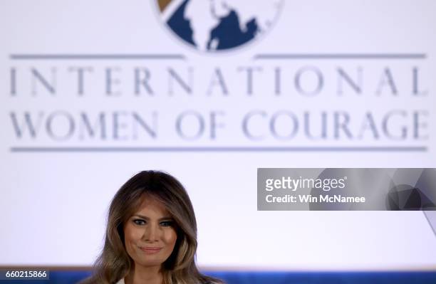 First lady Melania Trump delivers remarks while attending the 2017 Secretary of State's International Women of Courage Award March 29, 2017 in...