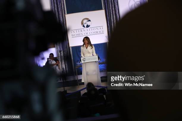 First lady Melania Trump delivers remarks while attending the 2017 Secretary of State's International Women of Courage Award March 29, 2017 in...