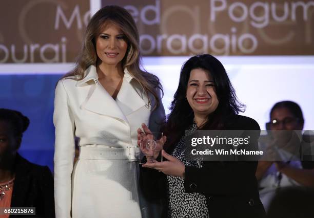 First lady Melania Trump presents the 2017 Secretary of State's International Women of Courage Award to Jannat Al Ghezi of Iraq March 29, 2017 in...