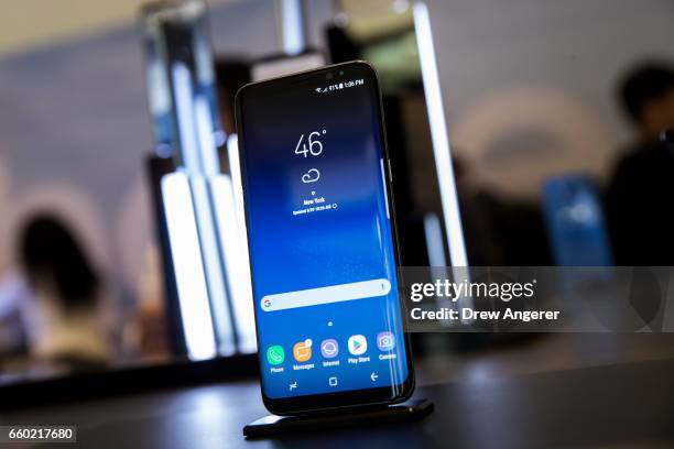 View of the new Samsung Galaxy S8 at its Samsung launch event, March 29, 2017 in New York City. Following the recall and discontinuation of the...