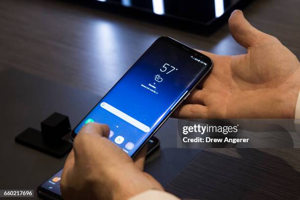 View of the new Samsung Galaxy S8 at its Samsung launch event, March 29, 2017 in New York City. Following the recall and discontinuation of the...