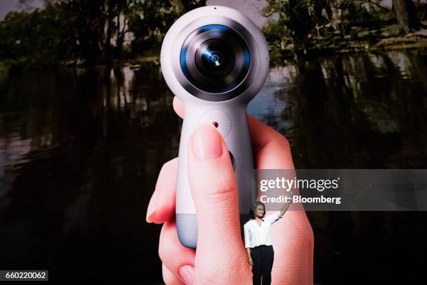 Suzanne De Silva, director of product strategy for Samsung Electronics Co., announces the Gear 360 camera during the Samsung Unpacked product launch...