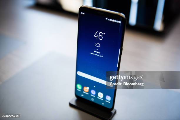 The Samsung Electronics Co. Galaxy S8+ smartphone is displayed during the Samsung Unpacked product launch event in New York, U.S., on Wednesday,...