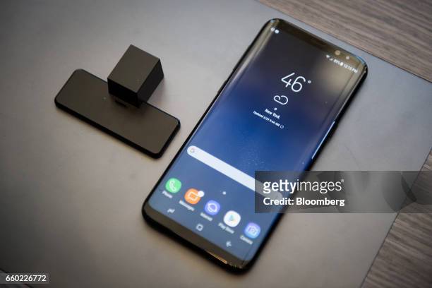 The Samsung Electronics Co. Galaxy S8+ smartphone is displayed during the Samsung Unpacked product launch event in New York, U.S., on Wednesday,...