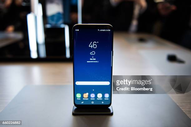 The Samsung Electronics Co. Galaxy S8+ smartphone is displayed during the Samsung Unpacked product launch event in New York, U.S., on Wednesday,...