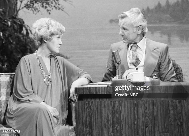 Pictured: Humorist Erma Bombeck during an interview with Host Johnny Carson on September 8th, 1976--