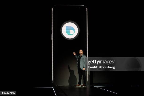 Sriram Thodla, senior director of services and new business for Samsung Electronics Co., unveils the new Bixby AI assistant during the Samsung...