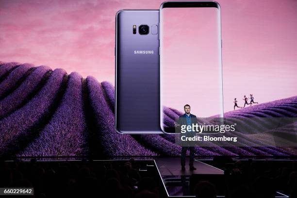 Justin Denison, senior vice president of marketing for Samsung Electronics Co., speaks during the Samsung Unpacked product launch event in New York,...
