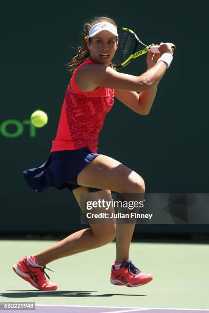 Johanna Konta of Great Britain in action against Simona Halep of Romania at Crandon Park Tennis Center on March 29, 2017 in Key Biscayne, Florida.