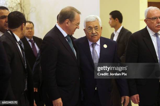 Russian President Vladimir Putin's Special Envoy for the Middle East Mikhail Bogdanov meets with Palestinian President Mahmoud Abbas during the 28th...