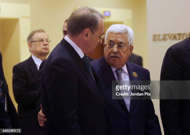 Russian President Vladimir Putin's Special Envoy for the Middle East Mikhail Bogdanov meets with Palestinian President Mahmoud Abbas during the 28th...