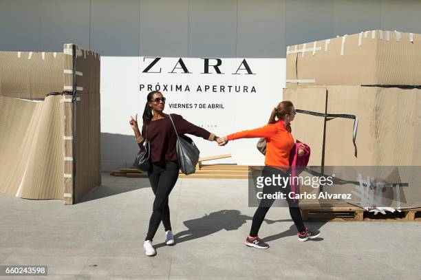 Two woman walk past the front of Zara store on March 29, 2017 in Madrid Spain. This store will be the biggest Zara store of the world at 6,000 square...