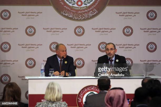 Secretary-General of the Arab League Ahmed Aboul Gheit and Jordanian Foreign Minister Ayman Al Safadi hold a joint press conference after the final...