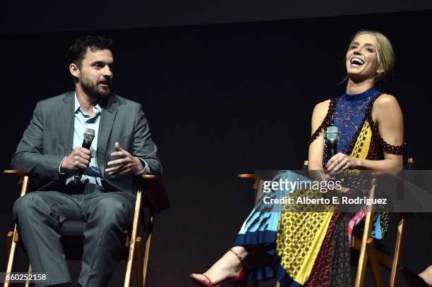 Actors Jake Johnson and Annabelle Wallis speak onstage at CinemaCon 2017 Universal Pictures Invites You to a Special Presentation Featuring Footage...