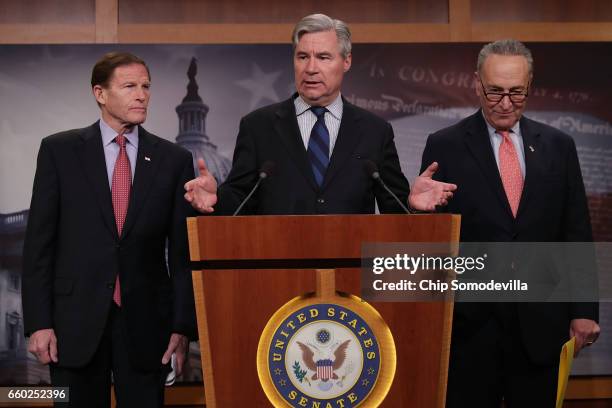 Sen. Richard Blumenthal , Sen. Sheldon Whitehouse and Senate Minority Leader Charles Schumer hold a news conference to call on Republicans to reveal...