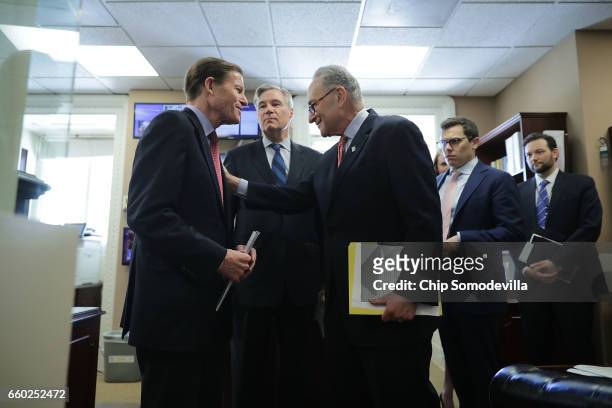 Sen. Richard Blumenthal , Sen. Sheldon Whitehouse and Senate Minority Leader Charles Schumer prepare for a news conference to call on Republicans to...