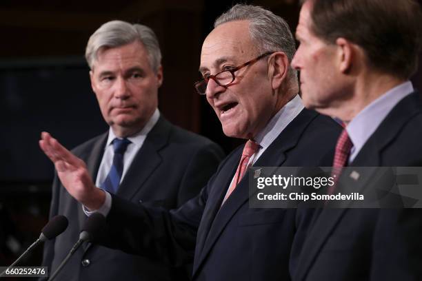 Sen. Sheldon Whitehouse , Senate Minority Leader Charles Schumer and Sen. Richard Blumenthal hold a news conference to call on Republicans to reveal...