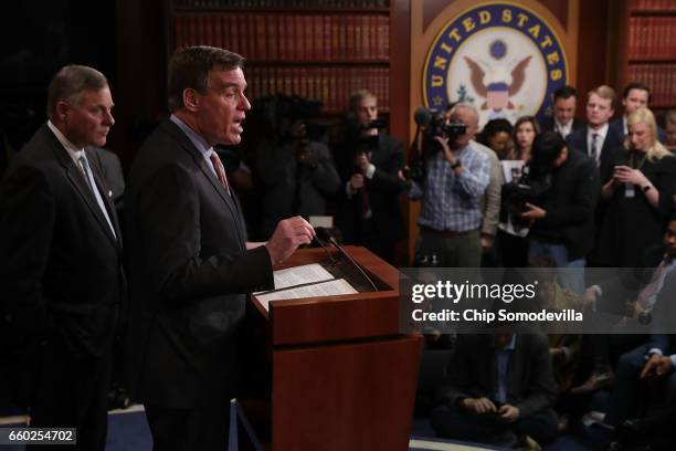 Senate Intelligence Committee Chairman Richard Burr and ranking member Sen. Mark Warner hold a news conference about the committee's investigation...