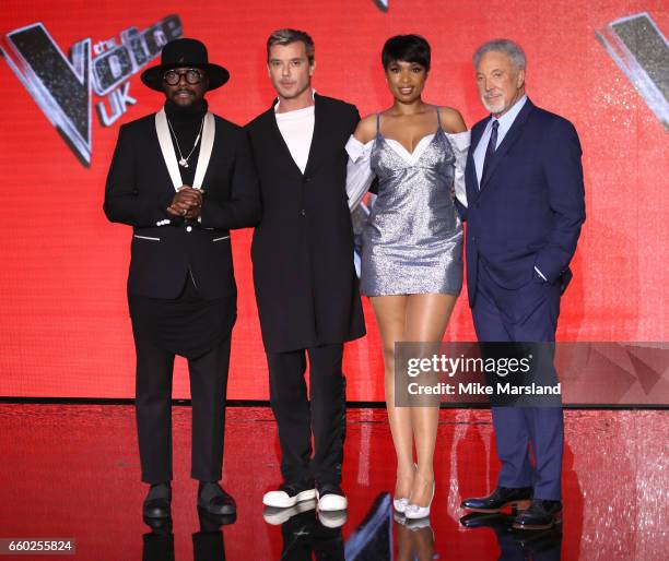 Will i am, Gavin Rossdale, Jennifer Hudson and Tom Jones attend the final of The Voice UK on March 29, 2017 in London, United Kingdom.
